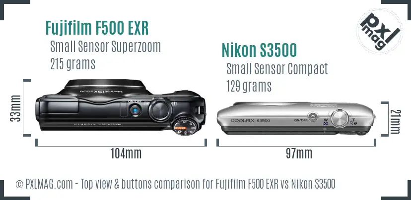 Fujifilm F500 EXR vs Nikon S3500 top view buttons comparison