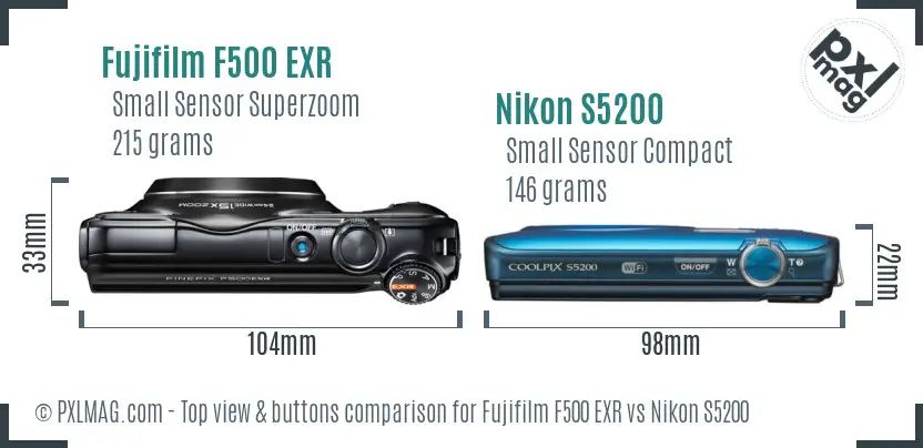 Fujifilm F500 EXR vs Nikon S5200 top view buttons comparison