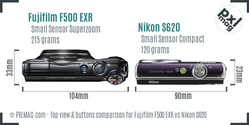 Fujifilm F500 EXR vs Nikon S620 top view buttons comparison