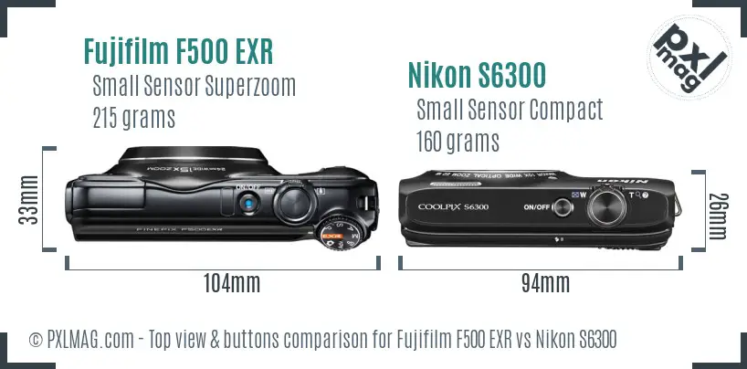 Fujifilm F500 EXR vs Nikon S6300 top view buttons comparison