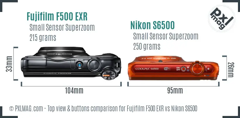 Fujifilm F500 EXR vs Nikon S6500 top view buttons comparison Fujifilm F500 EXR vs Nikon S6500 top view buttons comparison