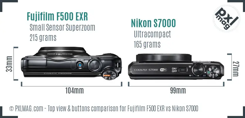 Fujifilm F500 EXR vs Nikon S7000 top view buttons comparison