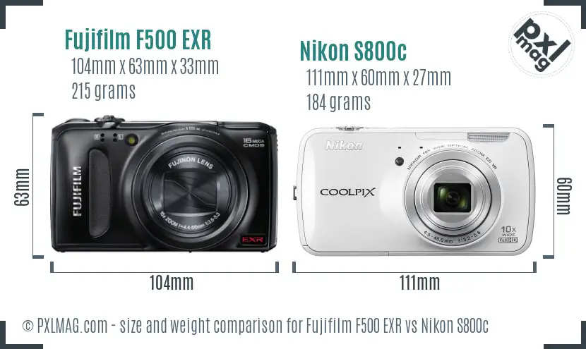Fujifilm F500 EXR vs Nikon S800c size comparison