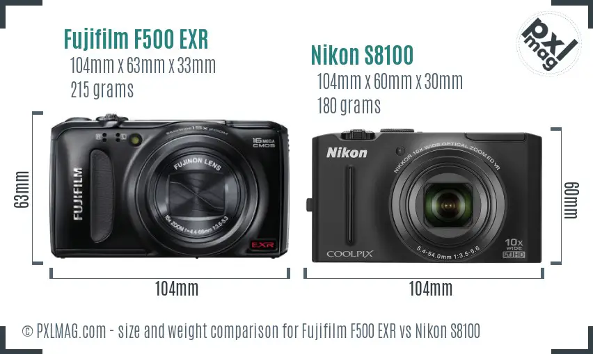 Fujifilm F500 EXR vs Nikon S8100 size comparison