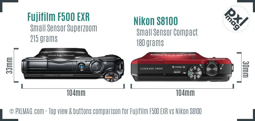 Fujifilm F500 EXR vs Nikon S8100 top view buttons comparison