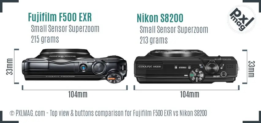 Fujifilm F500 EXR vs Nikon S8200 top view buttons comparison Fujifilm F500 EXR vs Nikon S8200 top view buttons comparison