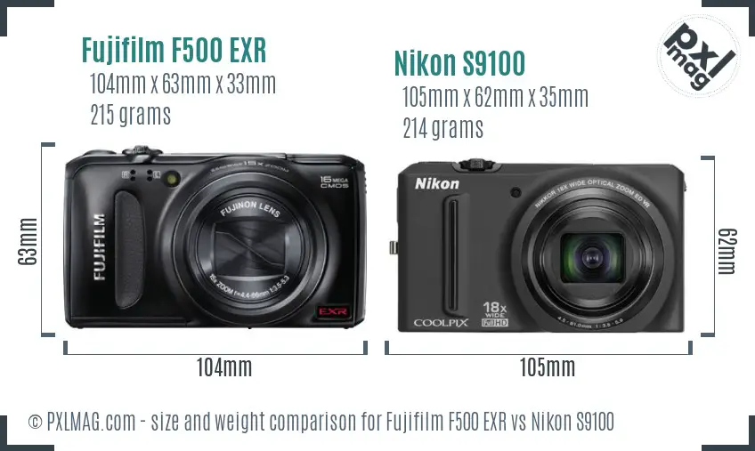 Fujifilm F500 EXR vs Nikon S9100 size comparison