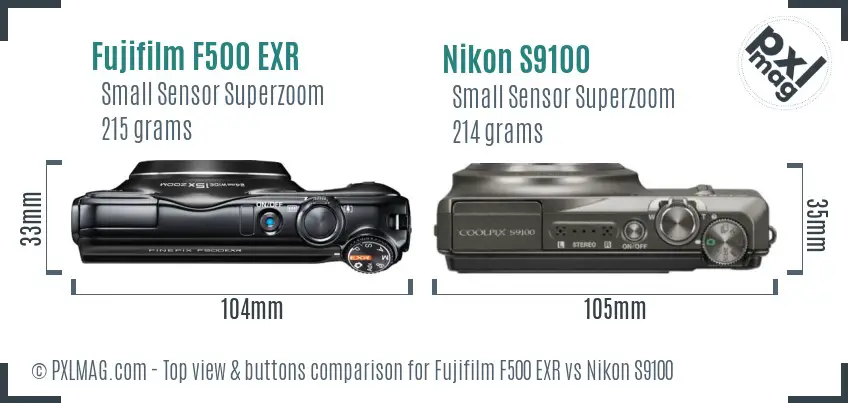 Fujifilm F500 EXR vs Nikon S9100 top view buttons comparison
