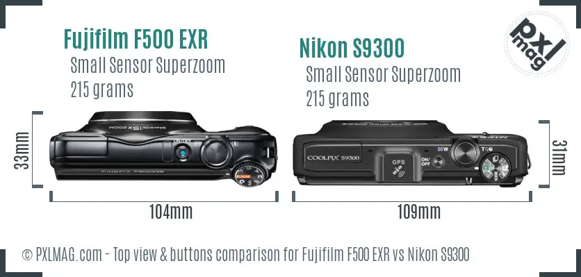 Fujifilm F500 EXR vs Nikon S9300 top view buttons comparison