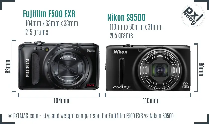 Fujifilm F500 EXR vs Nikon S9500 size comparison