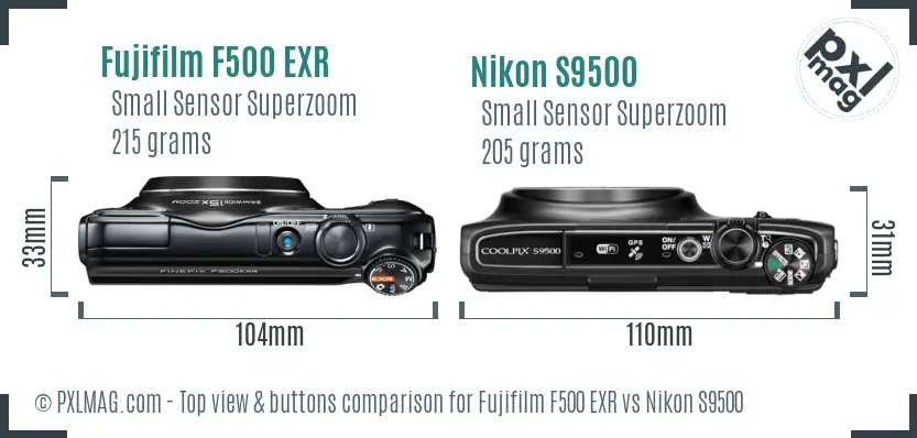 Fujifilm F500 EXR vs Nikon S9500 top view buttons comparison