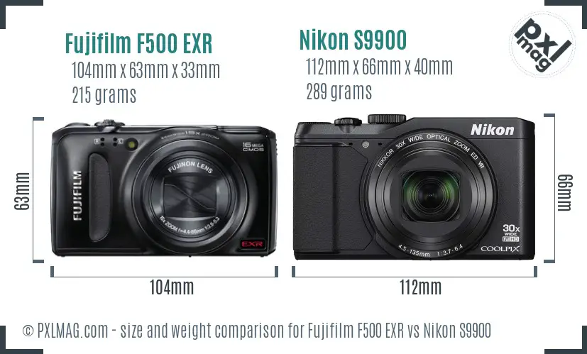 Fujifilm F500 EXR vs Nikon S9900 size comparison