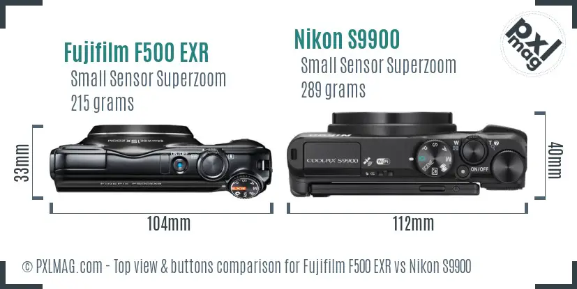 Fujifilm F500 EXR vs Nikon S9900 top view buttons comparison