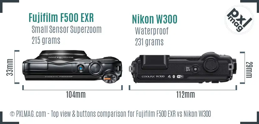Fujifilm F500 EXR vs Nikon W300 top view buttons comparison