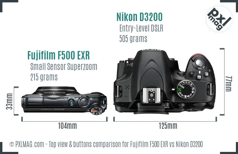 Fujifilm F500 EXR vs Nikon D3200 top view buttons comparison Fujifilm F500 EXR vs Nikon D3200 top view buttons comparison