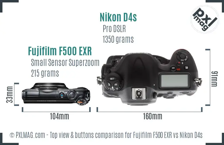 Fujifilm F500 EXR vs Nikon D4s top view buttons comparison