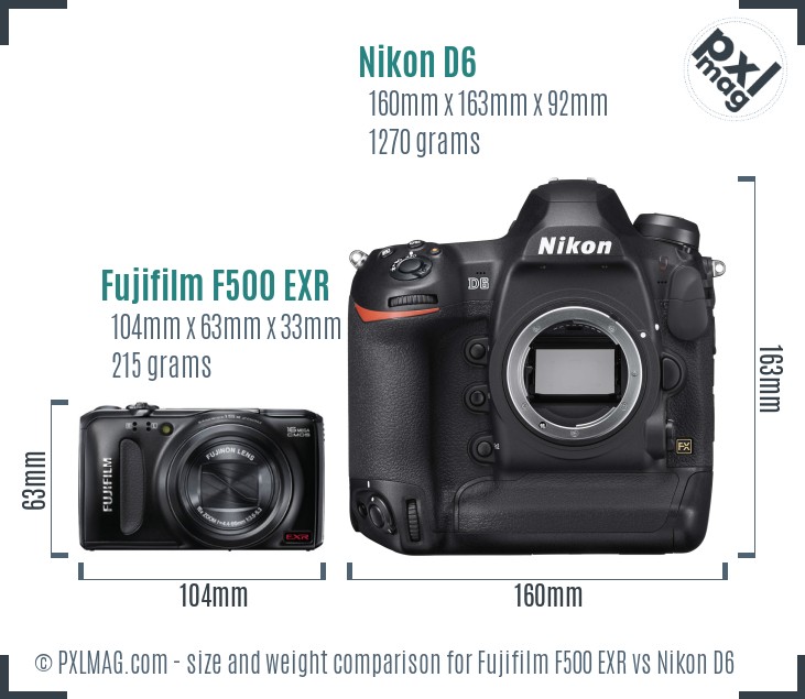 Fujifilm F500 EXR vs Nikon D6 size comparison