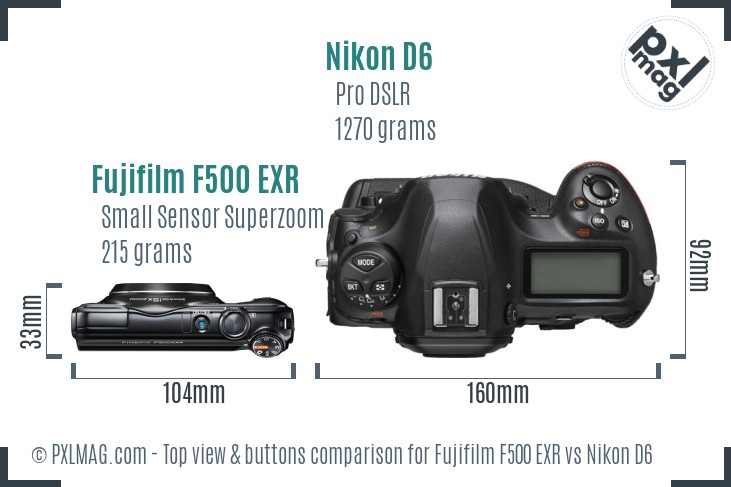 Fujifilm F500 EXR vs Nikon D6 top view buttons comparison