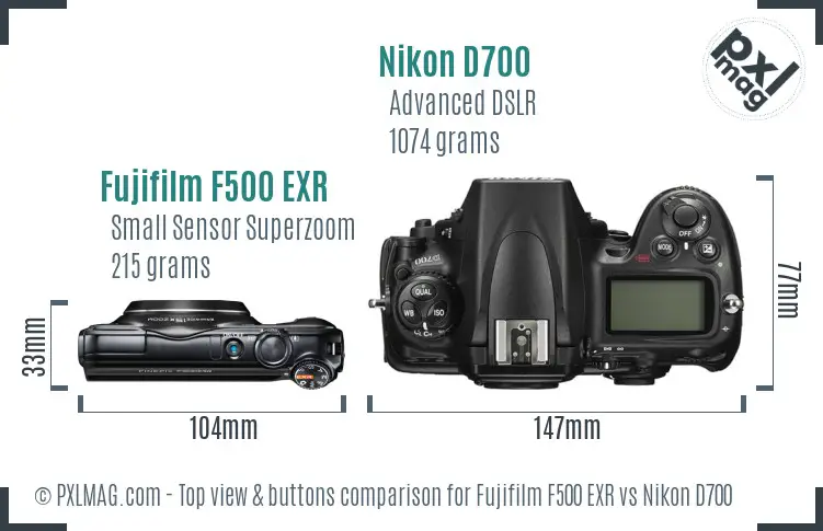 Fujifilm F500 EXR vs Nikon D700 top view buttons comparison Fujifilm F500 EXR vs Nikon D700 top view buttons comparison