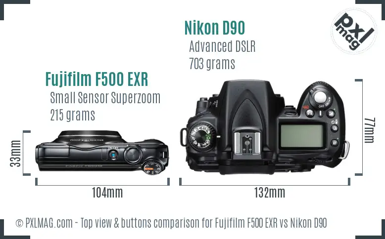 Fujifilm F500 EXR vs Nikon D90 top view buttons comparison Fujifilm F500 EXR vs Nikon D90 top view buttons comparison