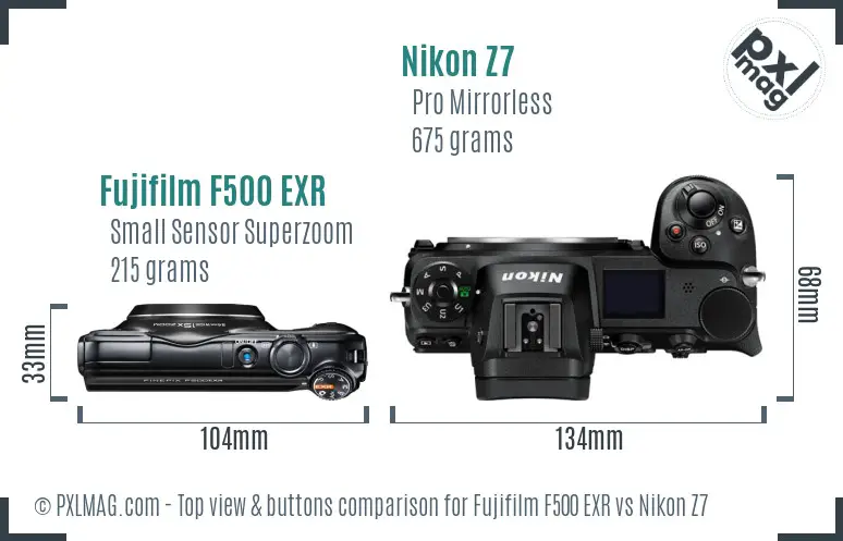 Top view with control layouts showing Nikon Z7’s comprehensive dials vs. Fujifilm F500 EXR’s simplified design
