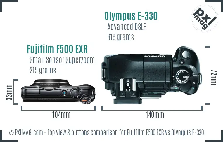 Fujifilm F500 EXR vs Olympus E-330 top view buttons comparison Fujifilm F500 EXR vs Olympus E-330 top view buttons comparison