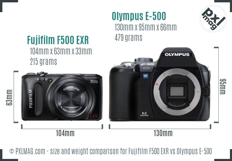 Fujifilm F500 EXR vs Olympus E-500 size comparison Fujifilm F500 EXR vs Olympus E-500 size comparison