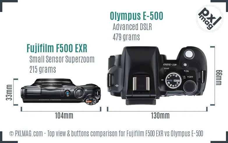 Fujifilm F500 EXR vs Olympus E-500 top view buttons comparison Fujifilm F500 EXR vs Olympus E-500 top view buttons comparison