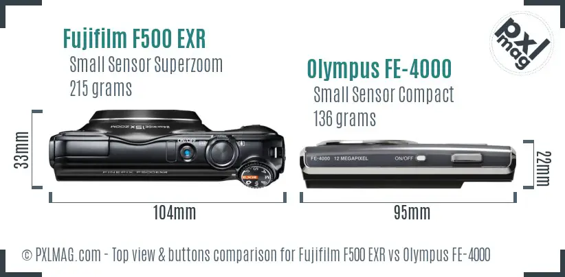 Fujifilm F500 EXR vs Olympus FE-4000 top view buttons comparison