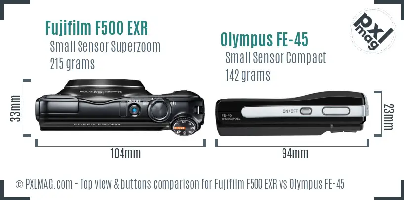 Fujifilm F500 EXR vs Olympus FE-45 top view buttons comparison