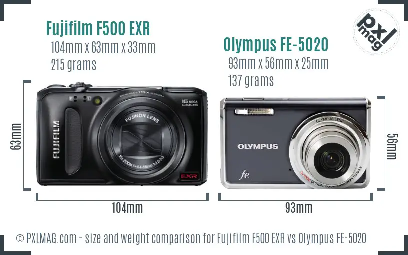 Fujifilm F500 EXR vs Olympus FE-5020 size comparison