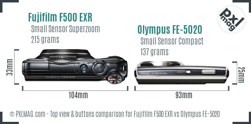 Fujifilm F500 EXR vs Olympus FE-5020 top view buttons comparison