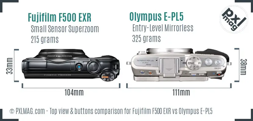 Fujifilm F500 EXR vs Olympus E-PL5 top view buttons comparison Fujifilm F500 EXR vs Olympus E-PL5 top view buttons comparison