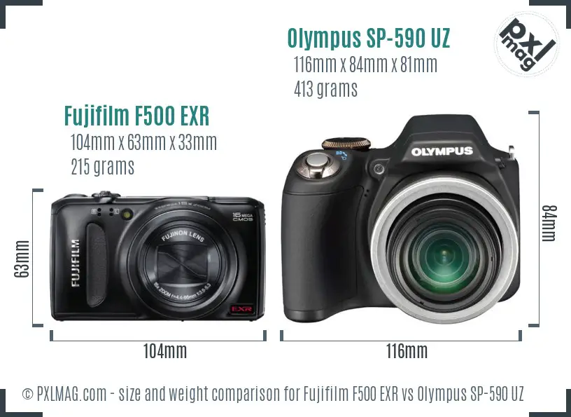 Fujifilm F500 EXR vs Olympus SP-590 UZ size comparison Fujifilm F500 EXR vs Olympus SP-590 UZ size comparison