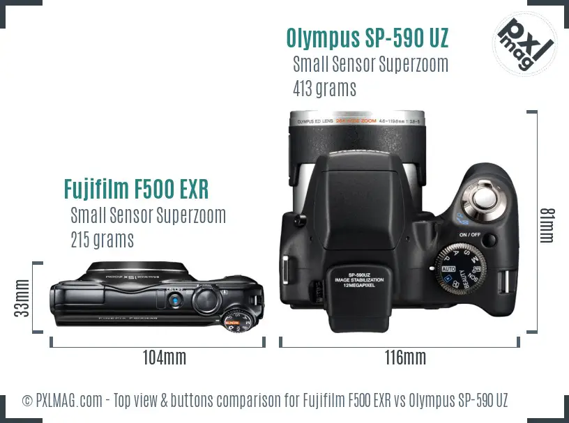 Fujifilm F500 EXR vs Olympus SP-590 UZ top view buttons comparison Fujifilm F500 EXR vs Olympus SP-590 UZ top view buttons comparison