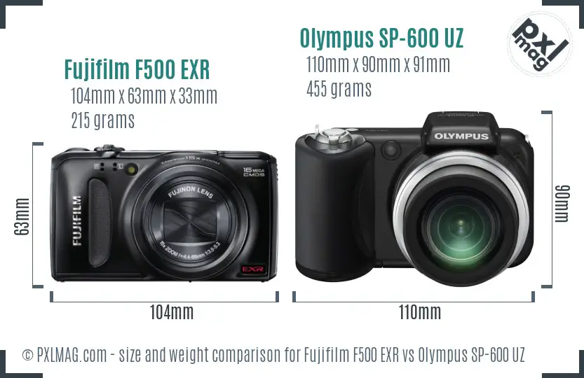 Fujifilm F500 EXR vs Olympus SP-600 UZ size comparison