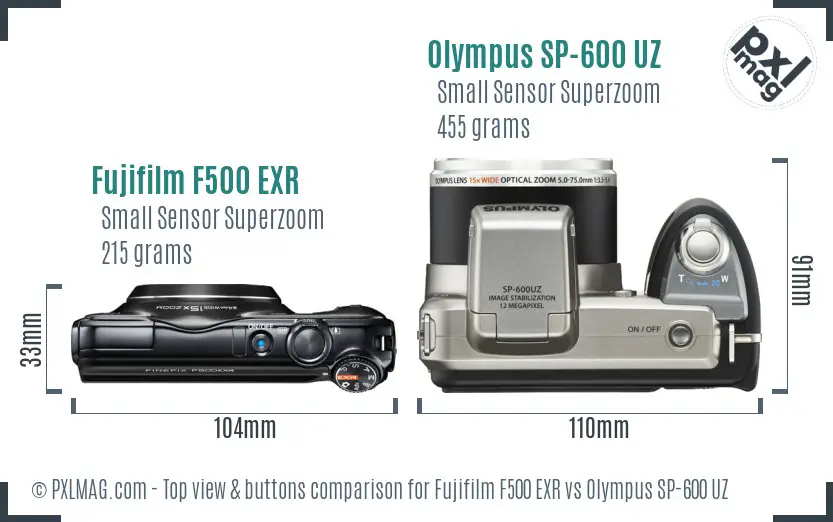Fujifilm F500 EXR vs Olympus SP-600 UZ top view buttons comparison