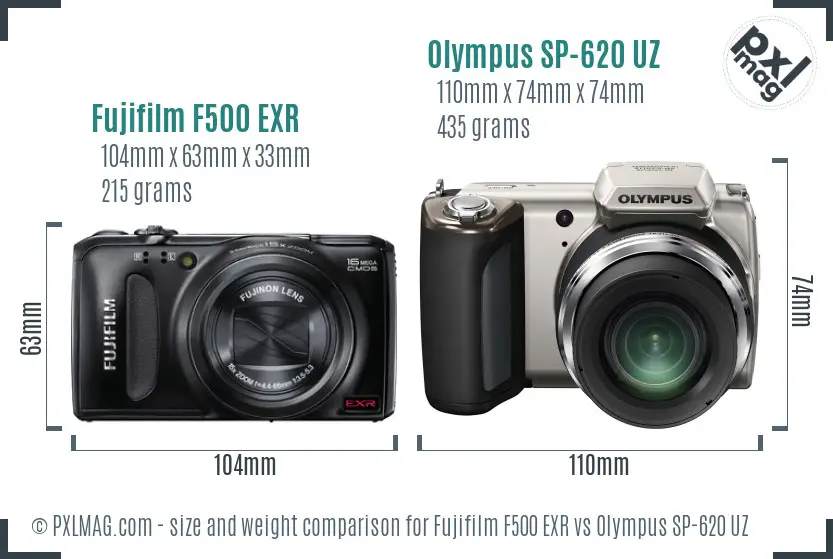 Fujifilm F500 EXR vs Olympus SP-620 UZ size comparison Fujifilm F500 EXR vs Olympus SP-620 UZ size comparison