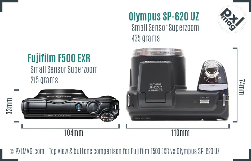 Fujifilm F500 EXR vs Olympus SP-620 UZ top view buttons comparison Fujifilm F500 EXR vs Olympus SP-620 UZ top view buttons comparison