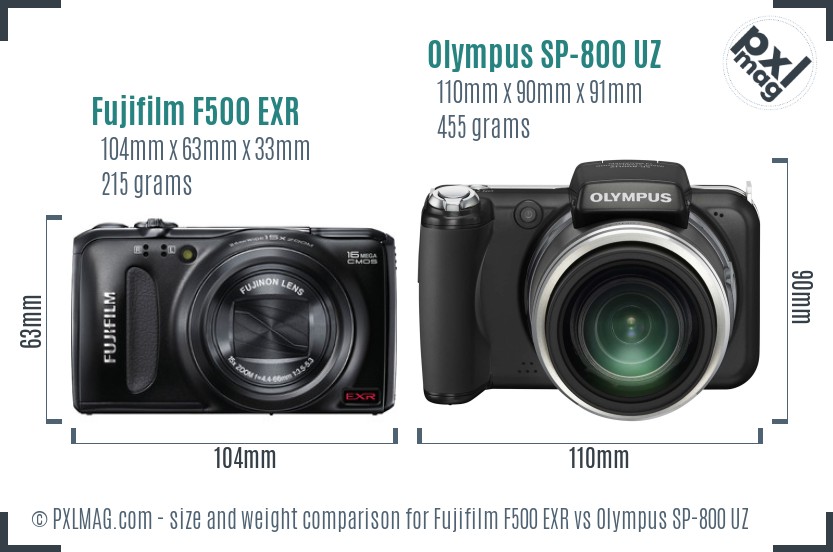Fujifilm F500 EXR vs Olympus SP-800 UZ size comparison Fujifilm F500 EXR vs Olympus SP-800 UZ size comparison