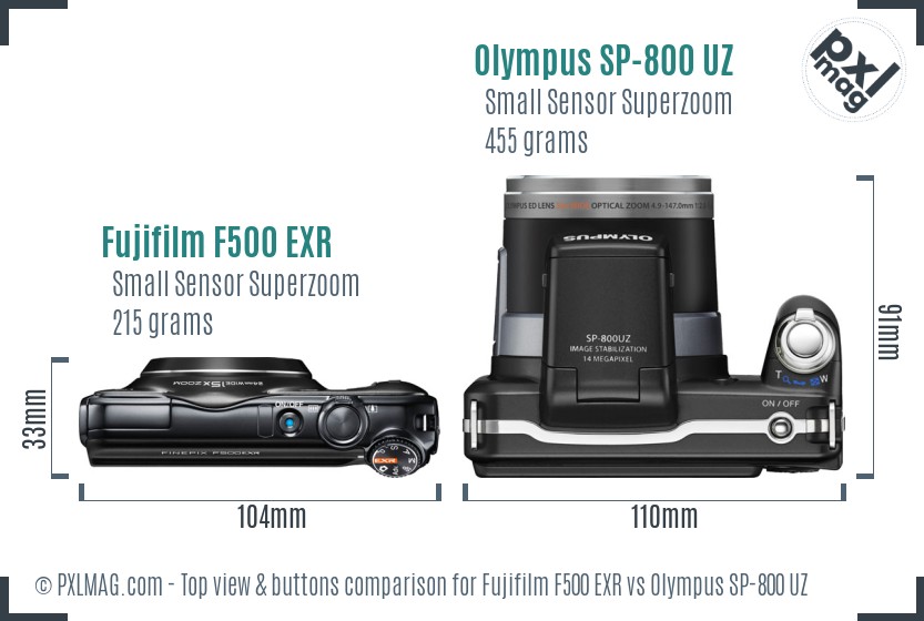 Fujifilm F500 EXR vs Olympus SP-800 UZ top view buttons comparison