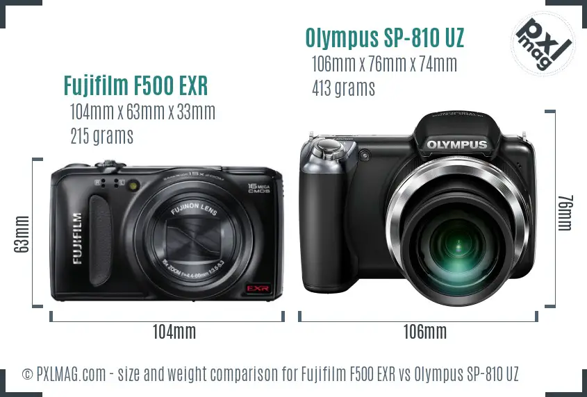 Fujifilm F500 EXR vs Olympus SP-810 UZ size comparison