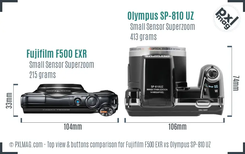 Fujifilm F500 EXR vs Olympus SP-810 UZ top view buttons comparison