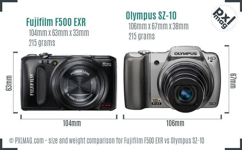 Fujifilm F500 EXR vs Olympus SZ-10 size comparison