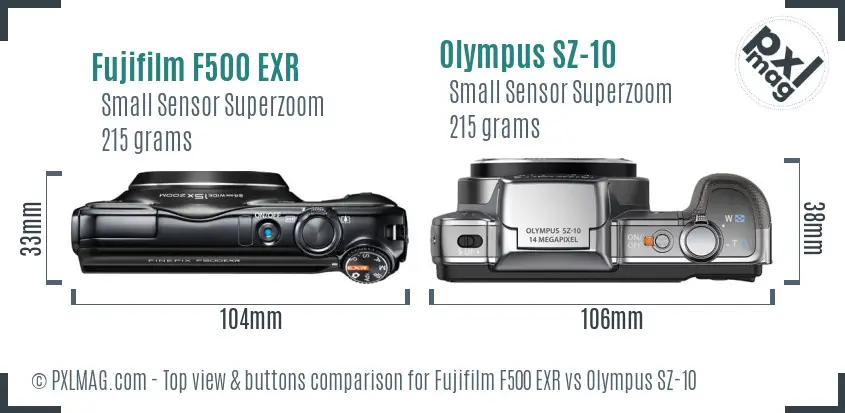 Fujifilm F500 EXR vs Olympus SZ-10 top view buttons comparison