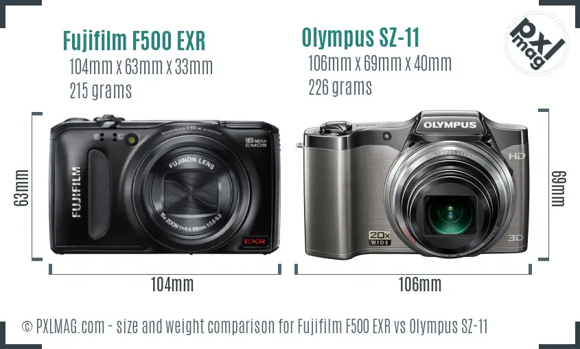 Fujifilm F500 EXR vs Olympus SZ-11 size comparison