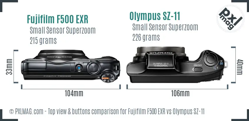 Fujifilm F500 EXR vs Olympus SZ-11 top view buttons comparison