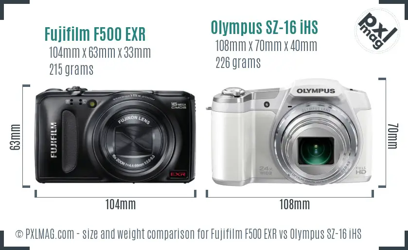 Fujifilm F500 EXR vs Olympus SZ-16 iHS size comparison