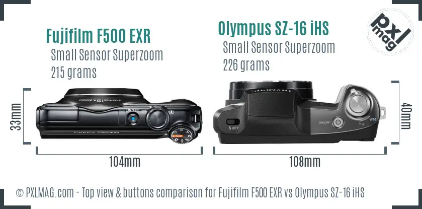 Fujifilm F500 EXR vs Olympus SZ-16 iHS top view buttons comparison