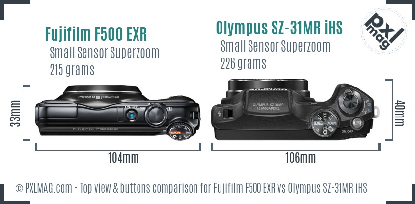 Fujifilm F500 EXR vs Olympus SZ-31MR iHS top view buttons comparison
